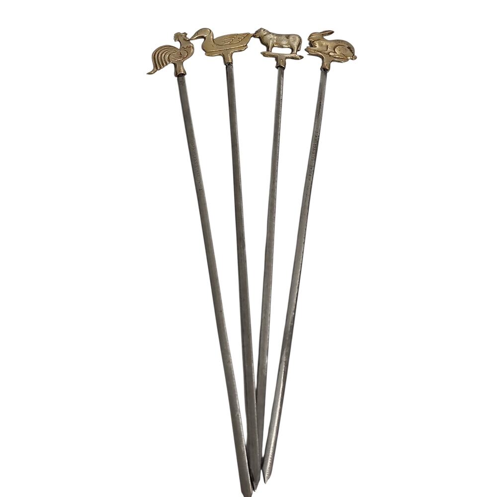 Vintage Brass Stainless Animal Skewers Kabob Grill Set Four Rooster Duck Bunny